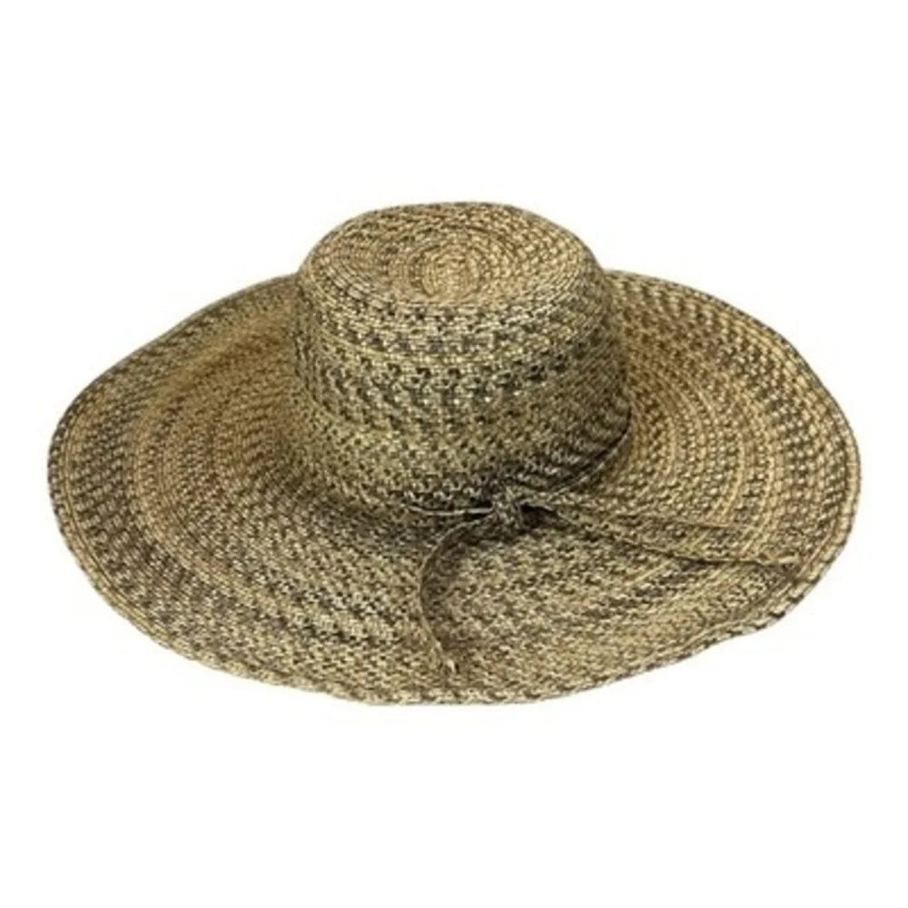David & Young Wide Brim Floppy Sun Hat Paper Straw Mixed Tweed Natural Gray VG